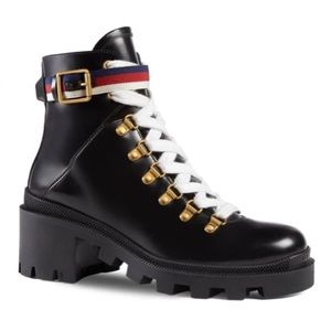 Gucci Black Combat Boots with Gold Accents Authentic